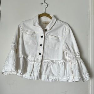 Anthropologie Pilcro and the Letter Press off white cropped ruffle denim jacket
